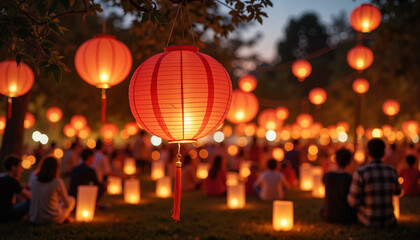 Illuminated Chinese lanterns at dusk in festival park, cultural celebration