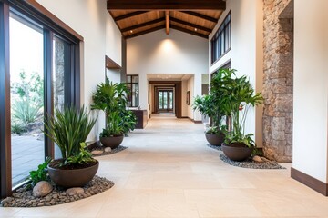 Fototapeta premium Tranquil hallway with calming artwork and natural elements modern home interior design peaceful environment wide angle view serene concept