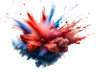 Exploding colorful powder in vibrant red and blue tones, isolated on transparent background, perfect for creative projects, festival designs, or art advertisements