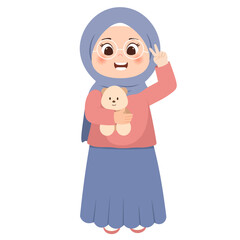 Cute Girl in Hijab Holding a Doll Illustration