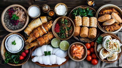 A modern Asian meal featuring fresh salmon, rice, and assorted greens with sauces.