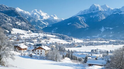Snowy Alpine Village Panorama: Breathtaking Winter Wonderland in the Mountains
