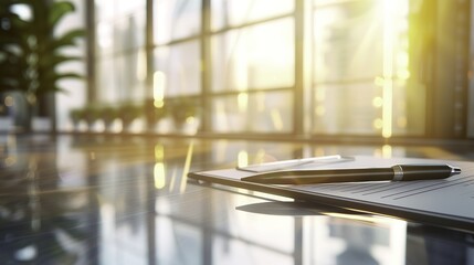 Corporate policy document on a sleek glass desk in a modern office setting, symbolizing professionalism and business clarity. Professional workplace and corporate governance concepts.