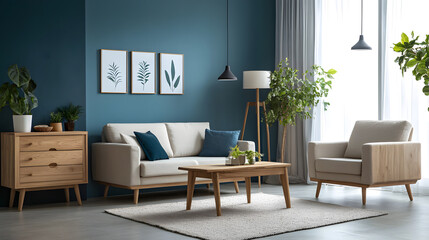Fototapeta premium Spacious, cozy room with neutral tones and stylish furniture.