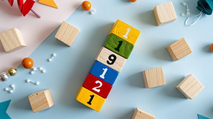 A flat lay showcasing colorful numbered wooden blocks stacked with geometric toys and shapes.