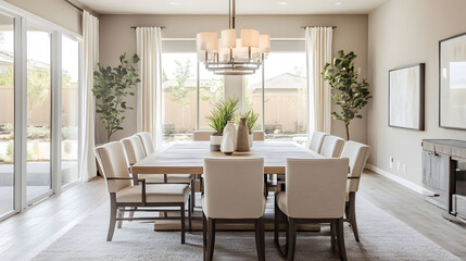 Fototapeta premium Warm dining area with large windows and light-filled ambiance.