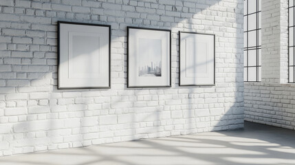 White brick wall with rectangle and square simple photo frame composition and shadow of window. Realistic 3d vector elegant modern picture border mockup for home decor or gallery exhibition.