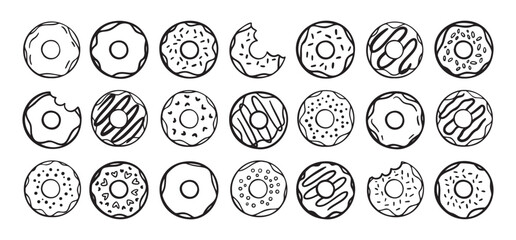 Doodle donuts set. hand drawn outline donut icons. Collection of cute doughnuts. Donut Doodles Sketch of cute donuts.