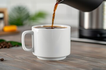 Freshly brewed coffee being poured into a white cup, symbolizing morning refreshment and simplicity.