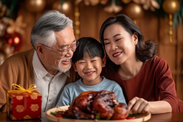 Obraz premium A multigenerational family enjoying a festive meal together in a warm and joyful setting.