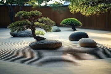 A serene Japanese Zen garden featuring meticulously raked sand creating ripple patterns surrounding smooth- rounded stones. Bonsai trees and tranquil backdrop. © BHZshop