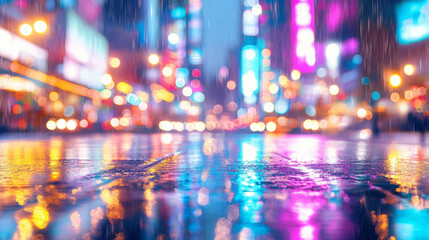 Fototapeta premium Blurred urban skyline at dusk with glowing neon signs and reflections on wet pavement creates vibrant, colorful atmosphere. scene captures essence of city life