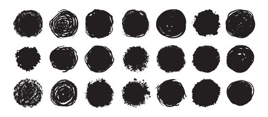 Round grunge scratch and textured ink brush strokes set. isolated vector black Collection. Dirty expressive hand drawn inky stains and blobs