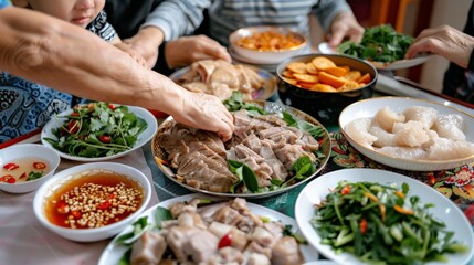 Obraz premium A vibrant Vietnamese family feast during Tet celebrations, showcasing traditional dishes and fresh ingredients.
