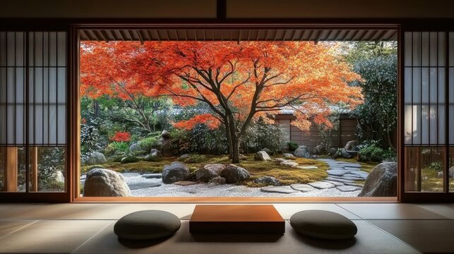 Fototapeta Japanese-inspired minimalist living room- windows showcasing a lush garden featuring a vibrant orange autumn tree and large stones