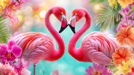 Naklejka premium Pair of flamingos in dance like pose, showcasing their graceful necks amidst vibrant flowers, creating colorful and lively scene full of joy and beauty