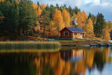 Fototapeta premium A serene lakeside scene during autumn with a house and trees