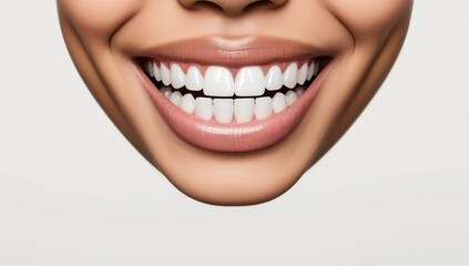 Naklejka premium A close-up of a woman's perfect white smile with natural, glossy lips. Dental health, beauty, and confidence concept