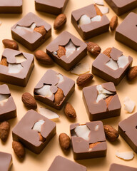 Milk chocolate with almonds, coconut on beige background. Craft chocolate candies. Square pieces of chocolate with nut. Confectionery. Sweet food concept. Close up. Lots of candy. Top view.