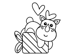 Valentine Day Rhinoceros Holding Gift Line Art