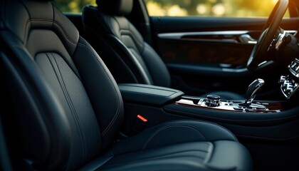 Luxurious car interior showcasing elegant black leather seats and polished wood accents