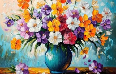 Oil painting of spring flowers vase on canvas. Beautiful abstract colorful flowers. impasto painting. Use for wallpaper