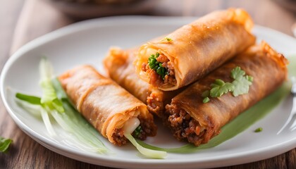 Deep fried spring roll with glass noodles on a white plate.Chinese Traditional