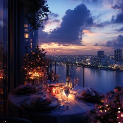Naklejka premium Elegant dinner setting with city skyline view.