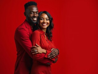 Obraz premium Portrait of a young black couple hugging, smiling in red clothes on a red background. A man and a woman in love are enjoying Valentine's Day. The concept of a romantic relationship for a photo shoot