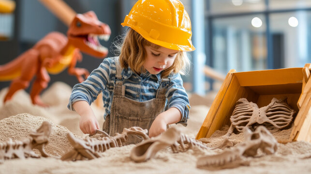 Child archaeologist digging in sand, exploring dinosaur fossils with excitement. Wearing yellow hard hat and overalls, surrounded by playful dinosaur toy