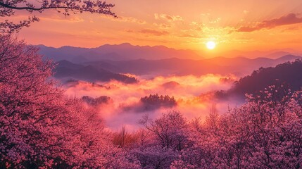 A serene sunrise over a valley of glowing cherry blossoms and golden mist