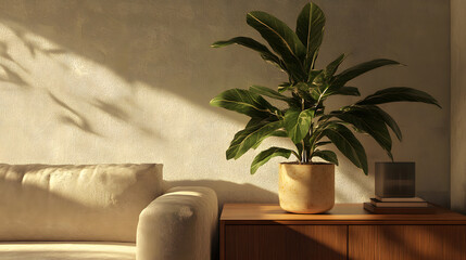 Potted plant in a warm-toned space with soft lighting.