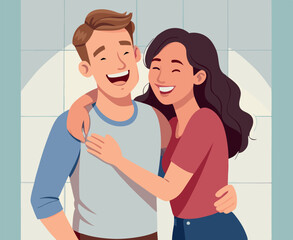 Happy couple embracing and smiling together in bathroom