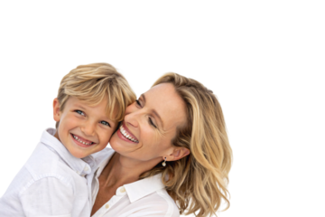 A mother lovingly hugs her son, both smiling sweetly. Their bright expressions highlight their close and loving relationship in a joyful embrace, isolated on a transparent background