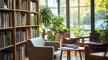 Obraz premium Cozy Reading Corner in a Bookstore with Abundant Greenery.