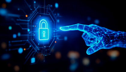 Futuristic Hand Interacting with a Digital Lock Icon for Enhanced Security