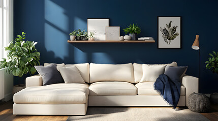 Living room with blue decor, cozy seating, and a bright atmosphere.