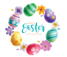 Happy easter greeting clipart background. Easter egg hunt clip art with colorful eggs and flowers decoration elements in round shape template. Vector illustration holiday greeting card design. 
