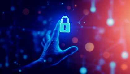 Futuristic Hand Interacting with a Digital Lock Icon for Enhanced Security