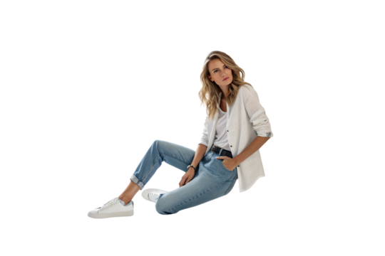 A woman seated on the floor in a white shirt, light blazer, jeans, and white sneakers. Casual elegance meets relaxed charm, isolated on a transparent background