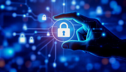 Futuristic Hand Interacting with a Digital Lock Icon for Enhanced Security