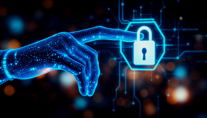 Futuristic Hand Interacting with a Digital Lock Icon for Enhanced Security
