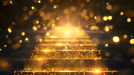 Golden light beams shine down staircase, creating magical atmosphere filled with sparkling particles. This enchanting scene evokes feelings of wonder and celebration