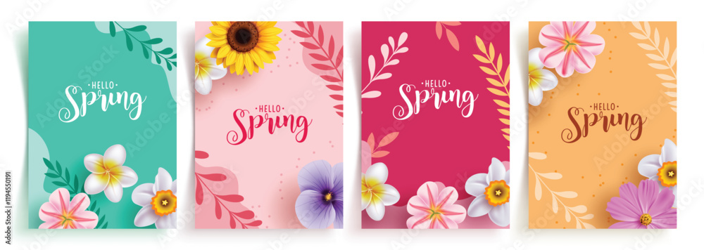 Wall mural spring greeting card clipart poster set. hello spring text in abstract colorful background with beau