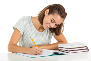 A young woman with short brown hair, wearing a striped shirt, sits at a desk and smiles while writing in a notebook surrounded by books, isolated on a transparent background