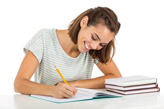 A young woman with short brown hair, wearing a striped shirt, sits at a desk and smiles while writing in a notebook surrounded by books, isolated on a transparent background