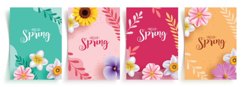 Spring greeting card clipart poster set. Hello spring text in abstract colorful background with beautiful flowers and leaves decoration elements. Vector illustration holiday postcard clip art. 
