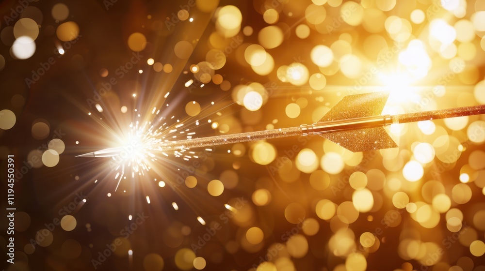 Poster sparkling arrow piercing through golden background, creating dazzling effect with light and bokeh. i