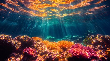 Obraz premium A glowing coral reef in radiant shades of gold, red, and pink under a shimmering turquoise sea