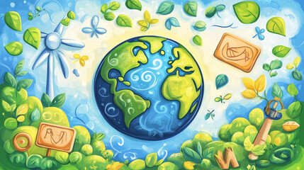 Fototapeta premium Sustainable development cartoon banner with earth globe, wind turbines, recycling symbols and leaves. Renewable green windmill energy, international environment protection, conservation vector concept